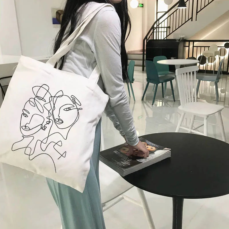 Summer Abstract Canvas Shoulder Bag Zipper Closure Vintage Style