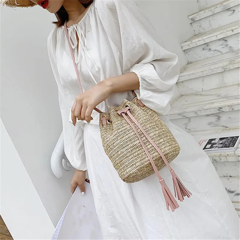 Summer Tassel Slung Shoulder Bag Retro Drawstring Bucket Handbag
