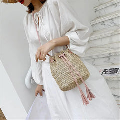 Summer Tassel Slung Shoulder Bag Retro Drawstring Bucket Handbag