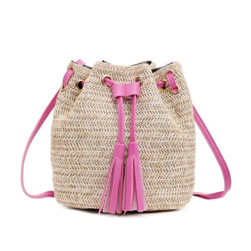 Summer Tassel Slung Shoulder Bag Retro Drawstring Bucket Handbag