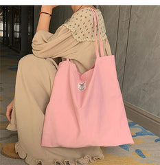 Summer Pink Flower Canvas Shoulder Bag Large Capacity Female Shopping Bags