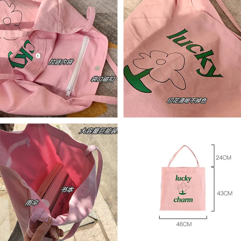 Summer Pink Flower Canvas Shoulder Bag Large Capacity Female Shopping Bags