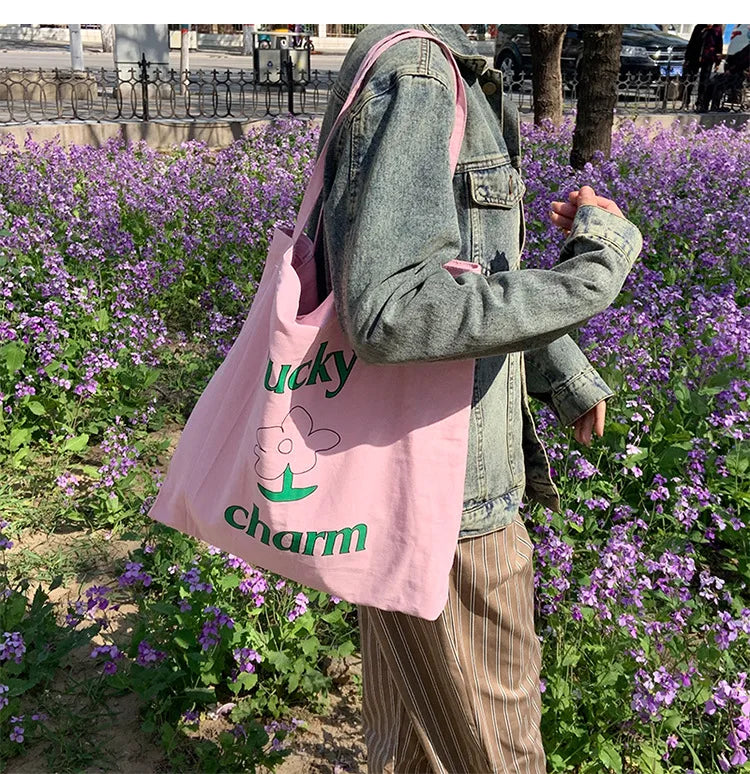 Summer Pink Flower Canvas Shoulder Bag Large Capacity Female Shopping Bags