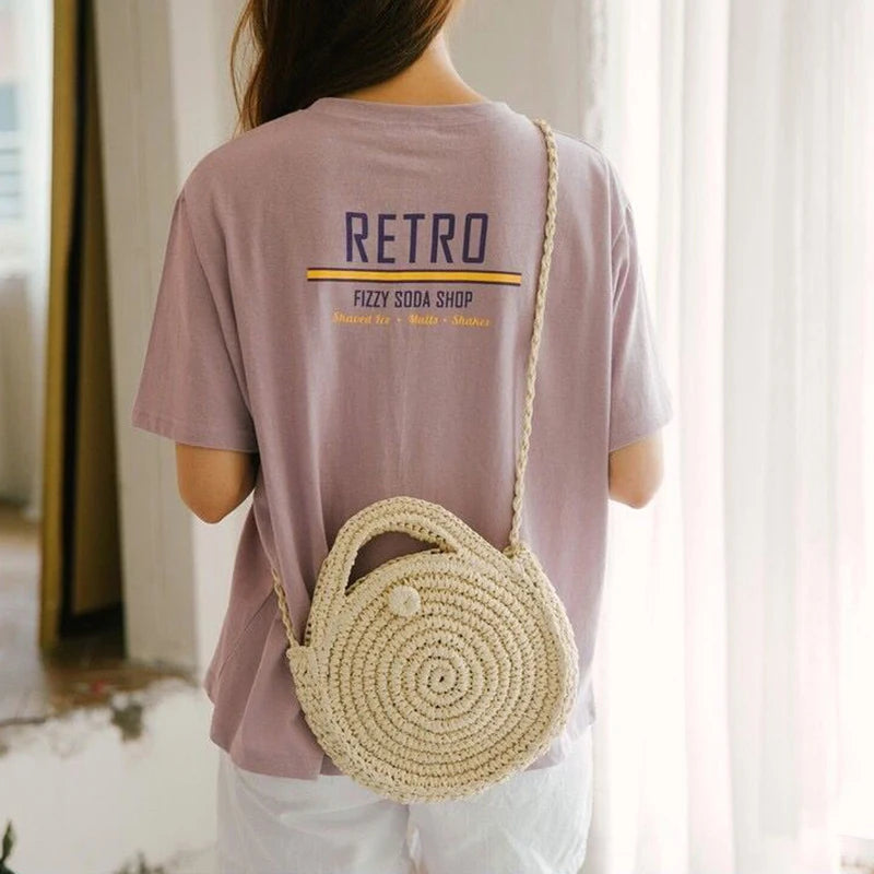 Summer Round Straw Crossbody Bag For Women Woven Shoulder Bag