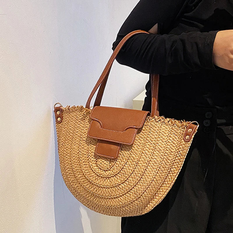 Straw Beach Bag Ladies Underarm Woven Cross