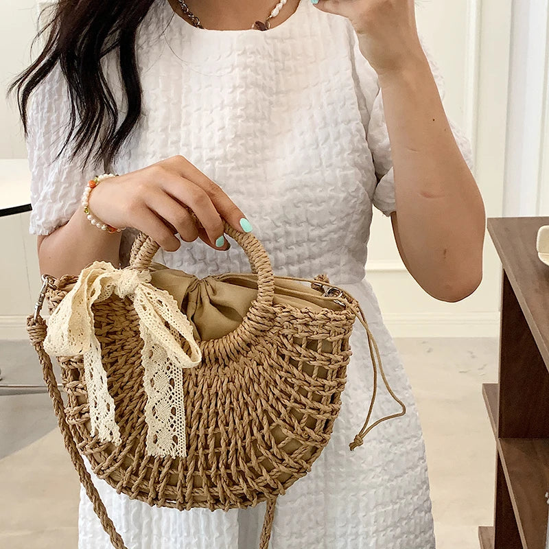 Summer Beach Straw Rattan Shoulder Bucket Crossbody Bag