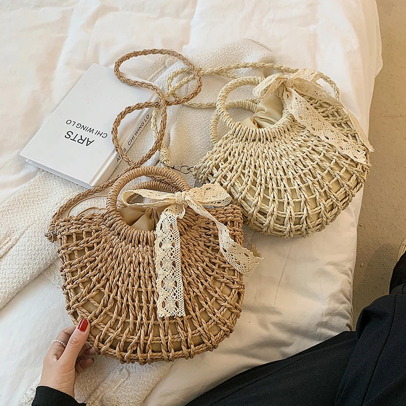 Summer Beach Straw Rattan Shoulder Bucket Crossbody Bag
