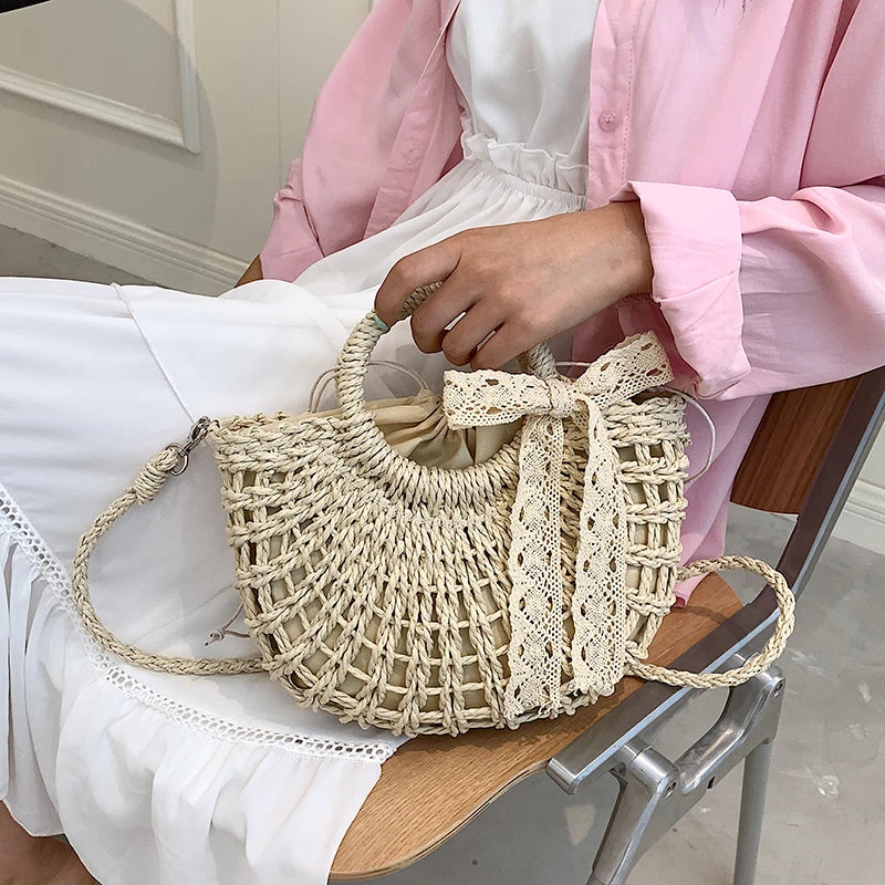 Summer Beach Straw Rattan Shoulder Bucket Crossbody Bag
