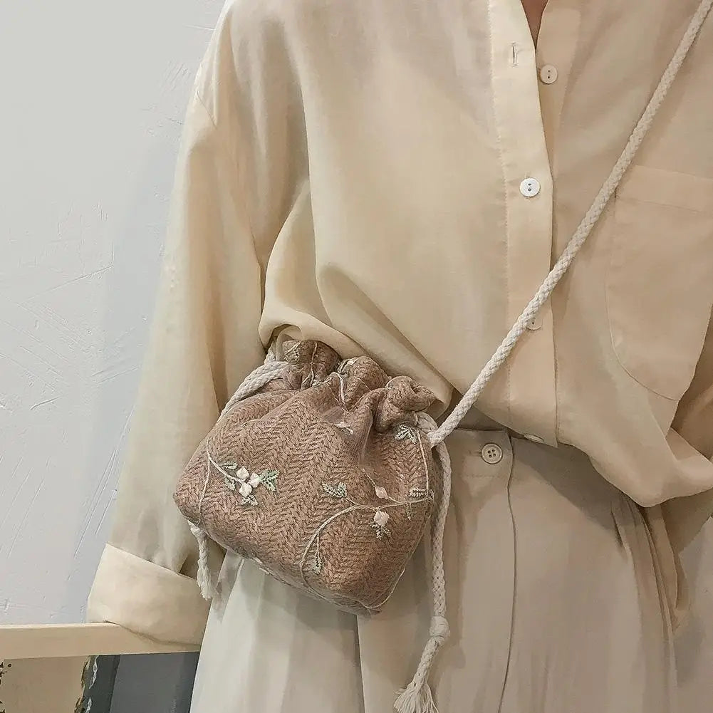Summer Woven Flower Embroidery Drawstring Shoulder Bag