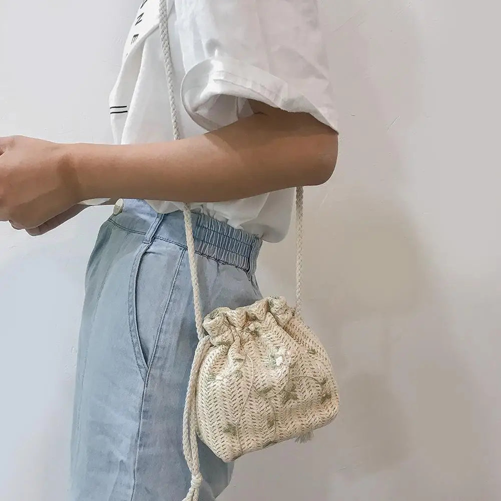 Summer Woven Flower Embroidery Drawstring Shoulder Bag