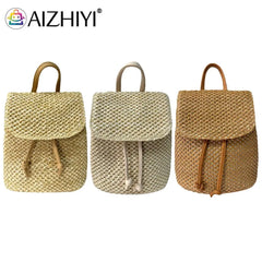 Straw Backpack Beach Woven Leather School Bag