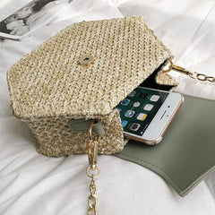 Hex-Shape Straw+PU Shoulder Bag Tassel Rattan Beach Crossbody Bag