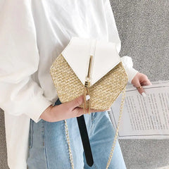 Hex-Shape Straw+PU Shoulder Bag Tassel Rattan Beach Crossbody Bag