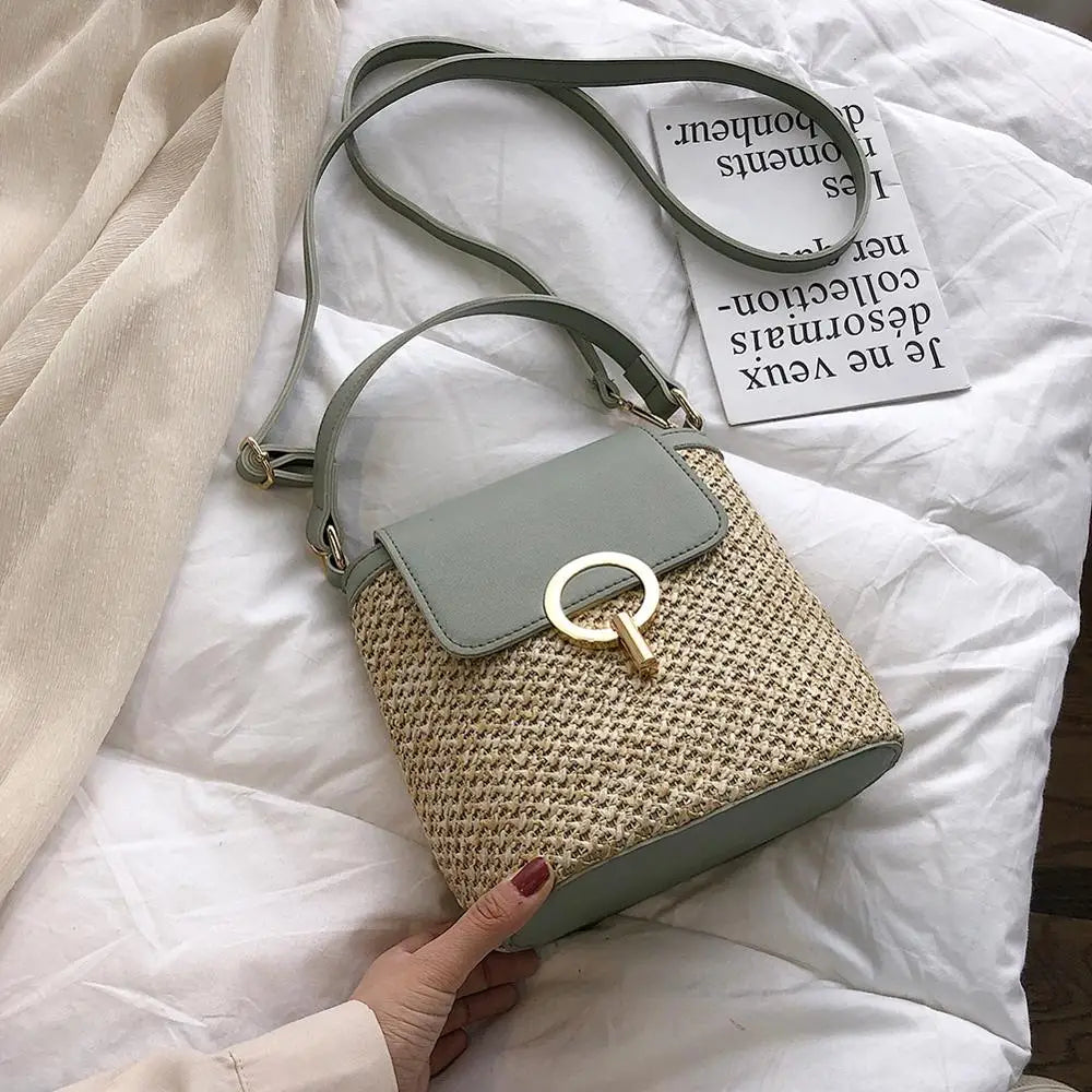 Summer Straw Bucket Bags For Women Rattan Crossbody Lady Travel Purses