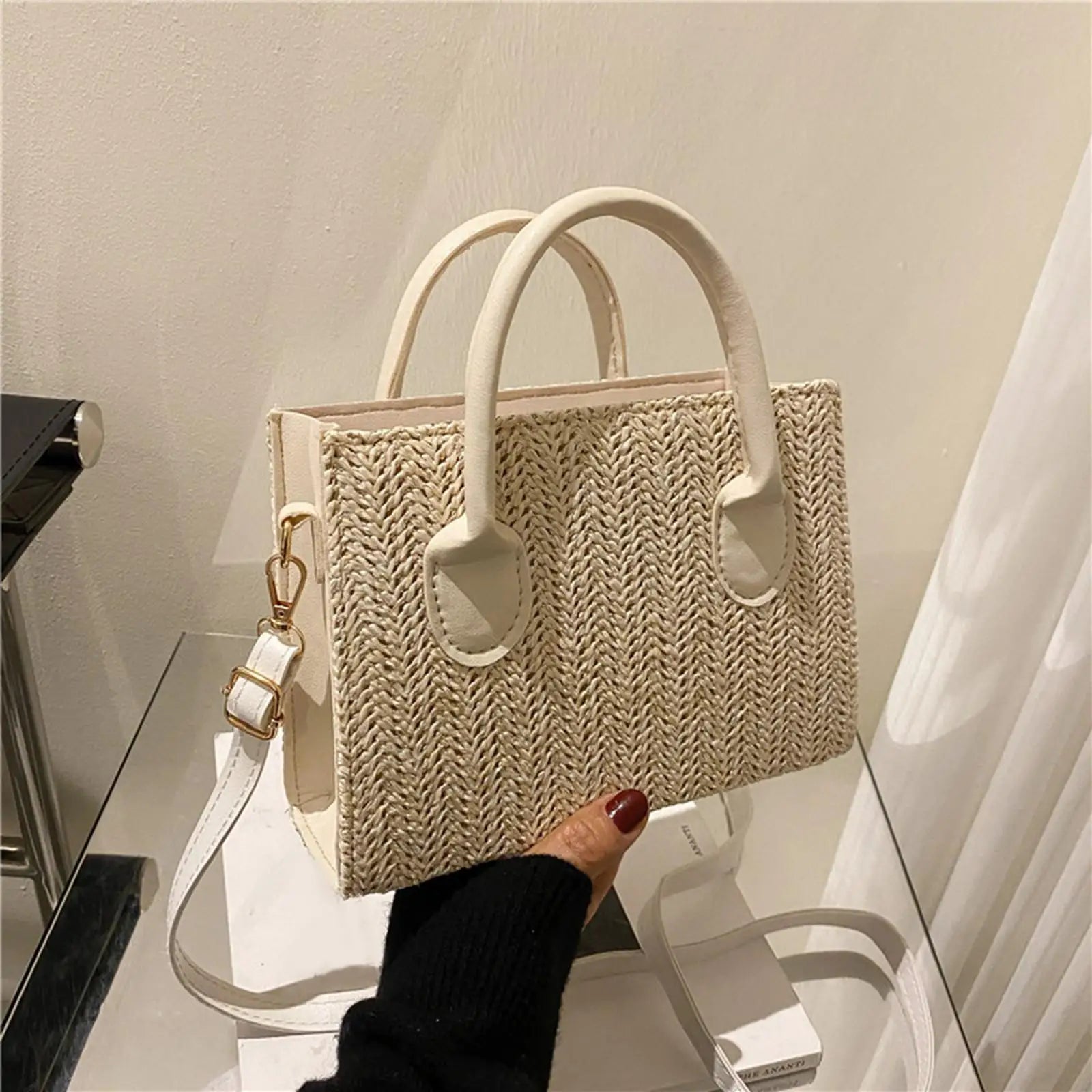 Summer Straw Shoulder Bag Large Capacity Top Handle Purse Rattan Basket Tote