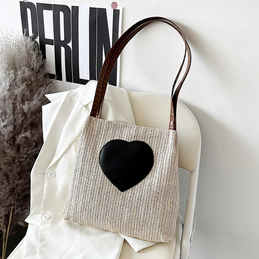Summer Straw Top-Handle Bag Love Print Bucket Tote Handbag