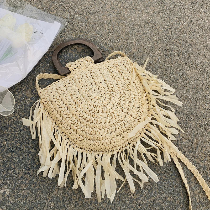 Summer Tassel Straw Bag Wooden Beach Shoulder Crossbody Rattan Bolsa