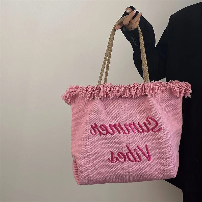 Pink Tassel Canvas HandBag Embroidered Female Tote Shoulder Bag