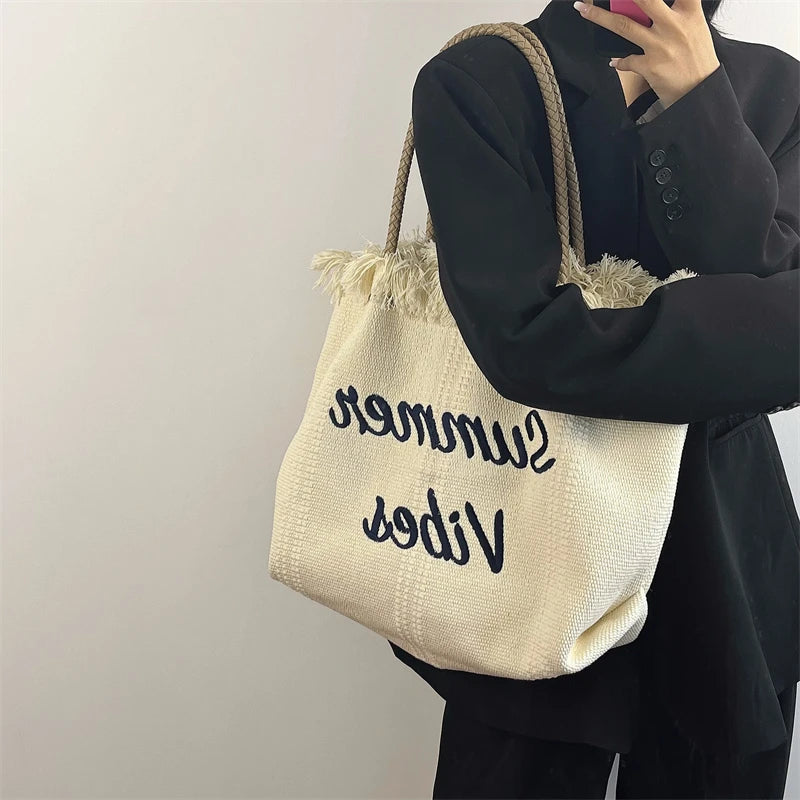 Pink Tassel Canvas HandBag Embroidered Female Tote Shoulder Bag