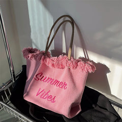 Pink Tassel Canvas HandBag Embroidered Female Tote Shoulder Bag