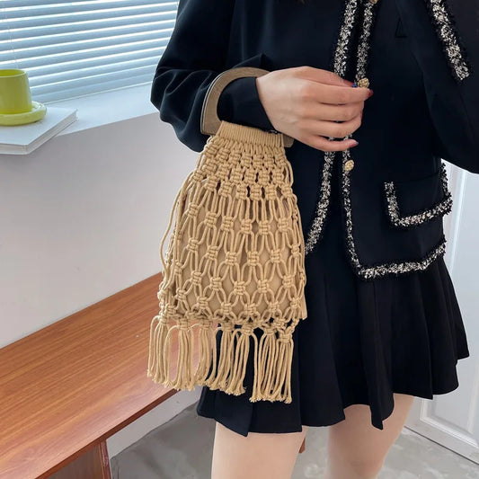 Summer Tassel Mesh Shoulder Bag for Women Soft Hollow Woven Beach Travel Handbag