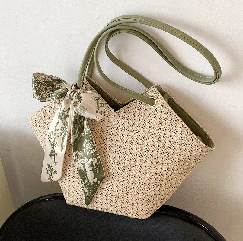 Summer Twilly Scarf Decor Straw Bag For Women Vacation Beach Bag