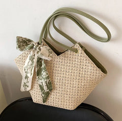 Summer Twilly Scarf Decor Straw Bag For Women Vacation Beach Bag