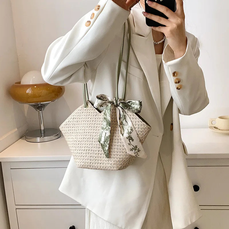 Summer Twilly Scarf Decor Straw Bag For Women Vacation Beach Bag