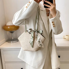 Summer Twilly Scarf Decor Straw Bag For Women Vacation Beach Bag