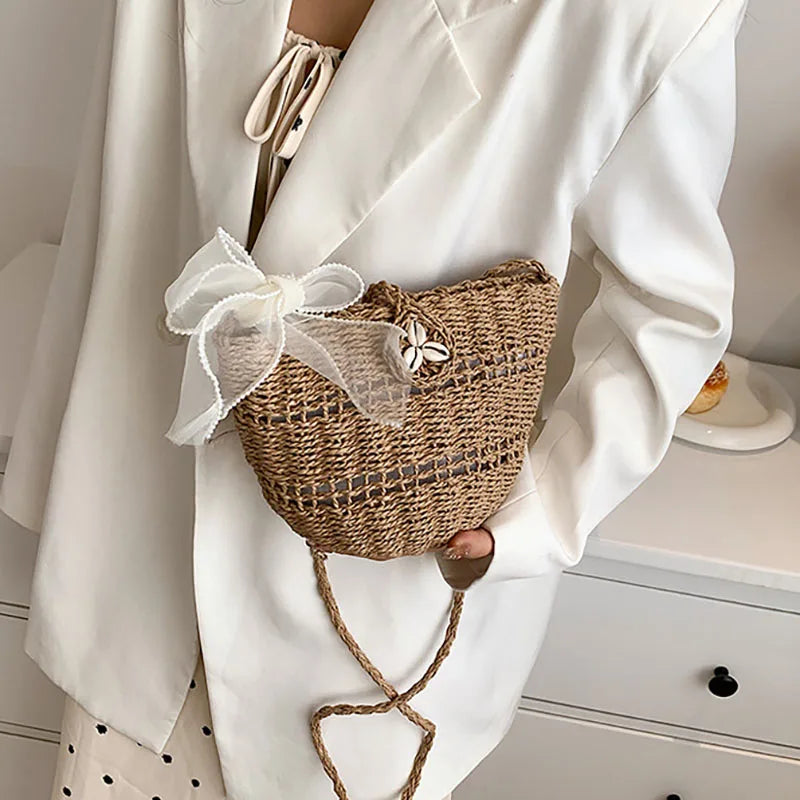 Summer Straw Shoulder Bag - Hollowed Out Handbag for Lady Seaside Beach