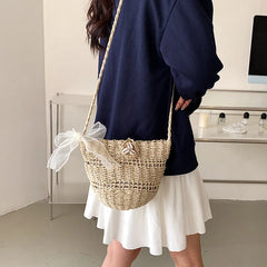 Summer Straw Shoulder Bag - Hollowed Out Handbag for Lady Seaside Beach
