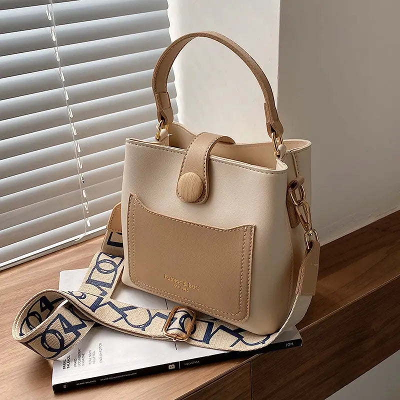 Women's PU Leather Shoulder Bucket Bags Small Handbags Wide Strap Crossbody Bags