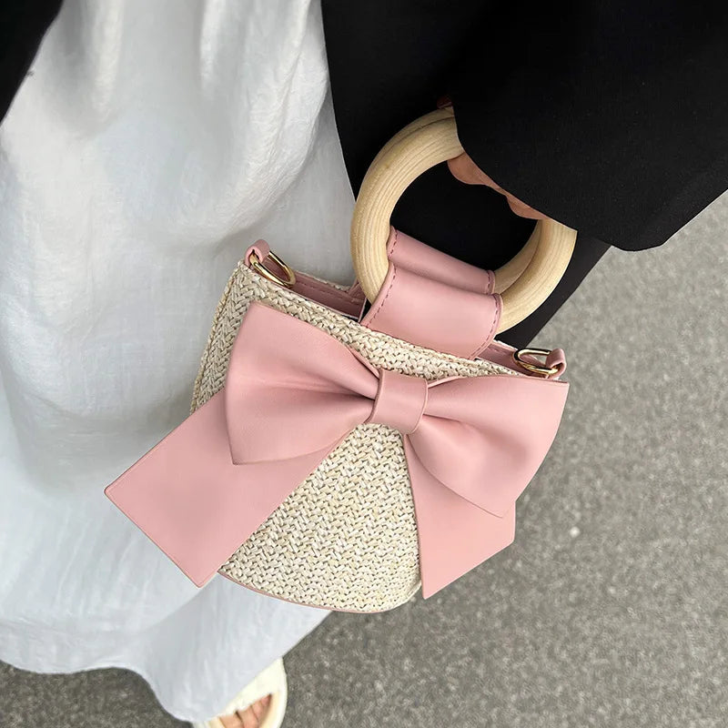 Summer Women Bag Bowknot Woven Shoulder Storage Shopping Bags B367