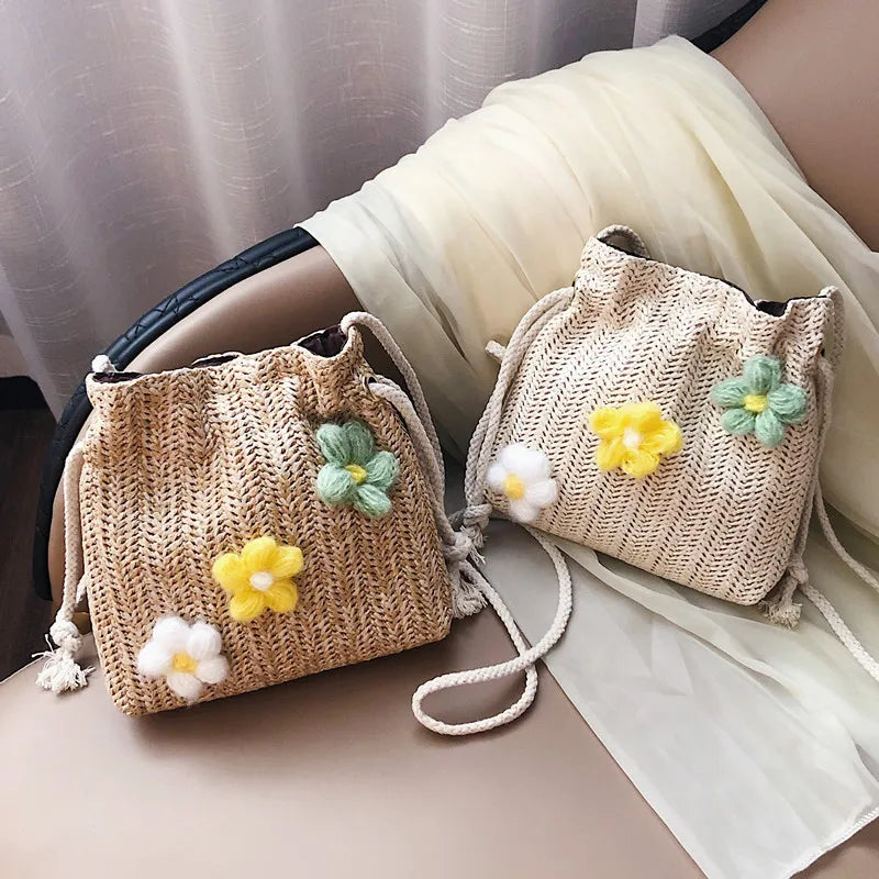 Women Flower Shoulder Crossbody Bag Small Beach Messenger Handbag Straw Purse