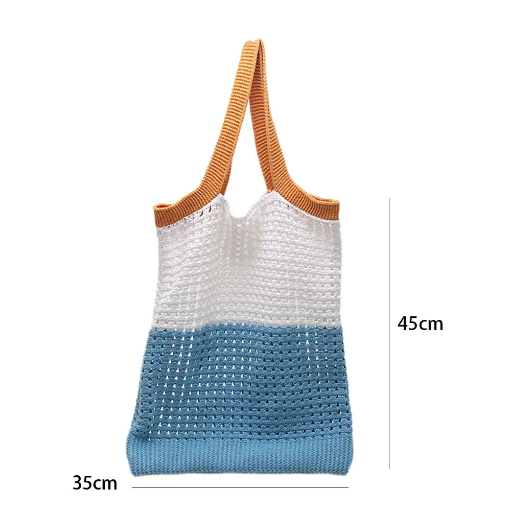 Summer Women Knitted Hollow Out Shoulder Bags Contrast Large Capacity Tote