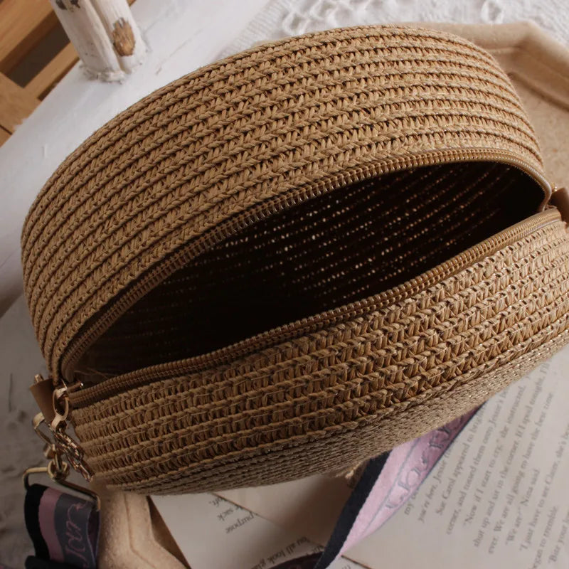 Summer Round Crossbody Bag Straw Woven Shoulder Retro Wallet Handbag