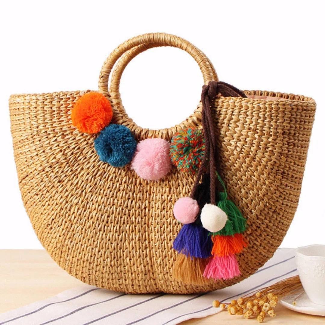 Summer Women Pom Pom Tassel Straw Beach Tote Bag