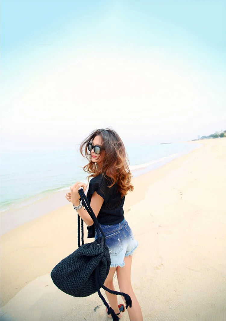 Summer Women Straw Backpack Beach Bag Knitted Crocheted Shoulder Bag