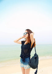 Women Straw Backpack Beach Bag Drawstring Knitted Shoulder Travel Bag