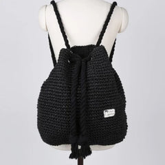 Women Straw Backpack Beach Bag Drawstring Knitted Shoulder Travel Bag