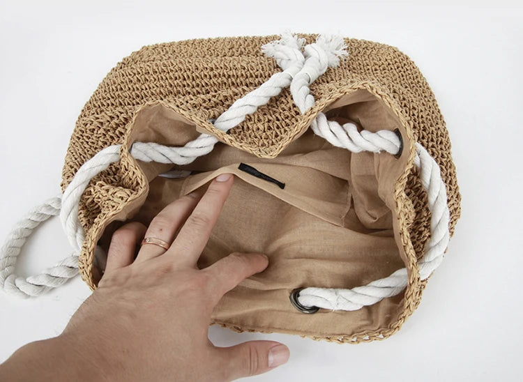 Summer Women Straw Backpack Beach Bag Knitted Crocheted Shoulder Bag