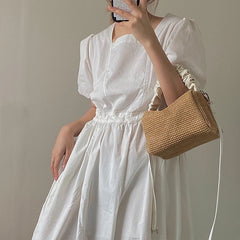 Summer Beach Straw Bag Women's Shoulder Crossbody Pleated Handle Handbag