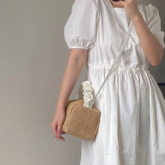 Summer Beach Straw Bag Women's Shoulder Crossbody Pleated Handle Handbag