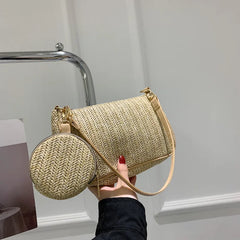 Summer Woven Shoulder Bag For Women 2pcs Combination