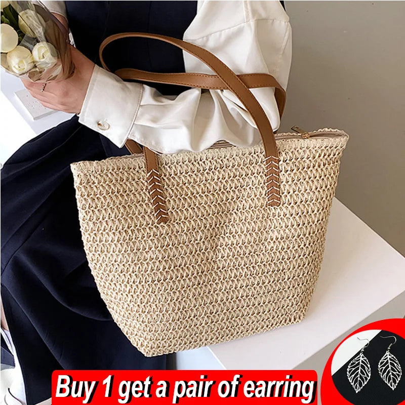 Summer Straw Bag Large Capacity Rattan Beach Handbag
