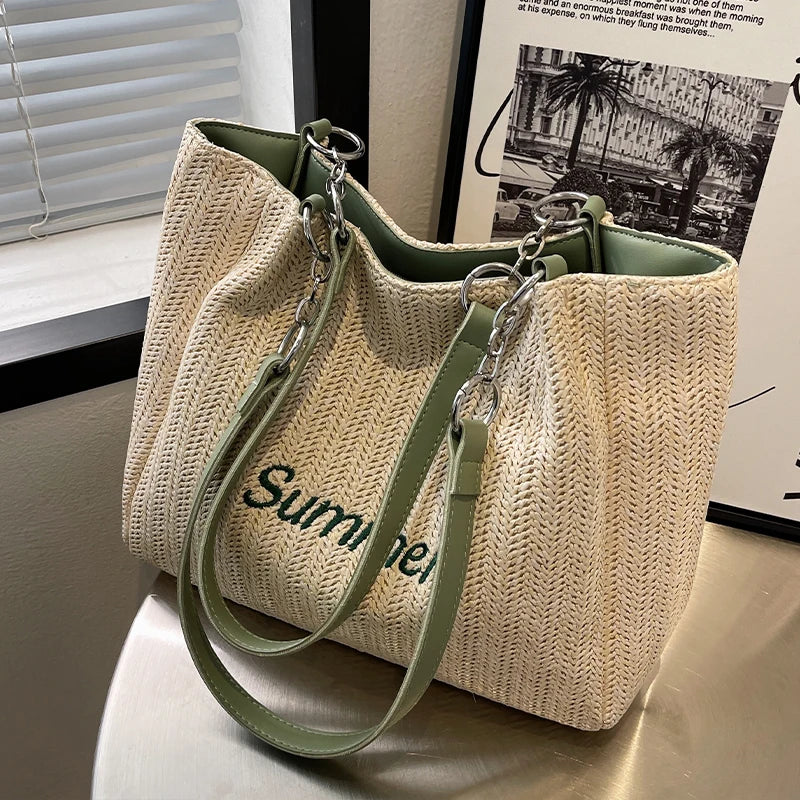 Summer Straw Shoulder Bag Women's Woven Tote Handbag Large Capacity