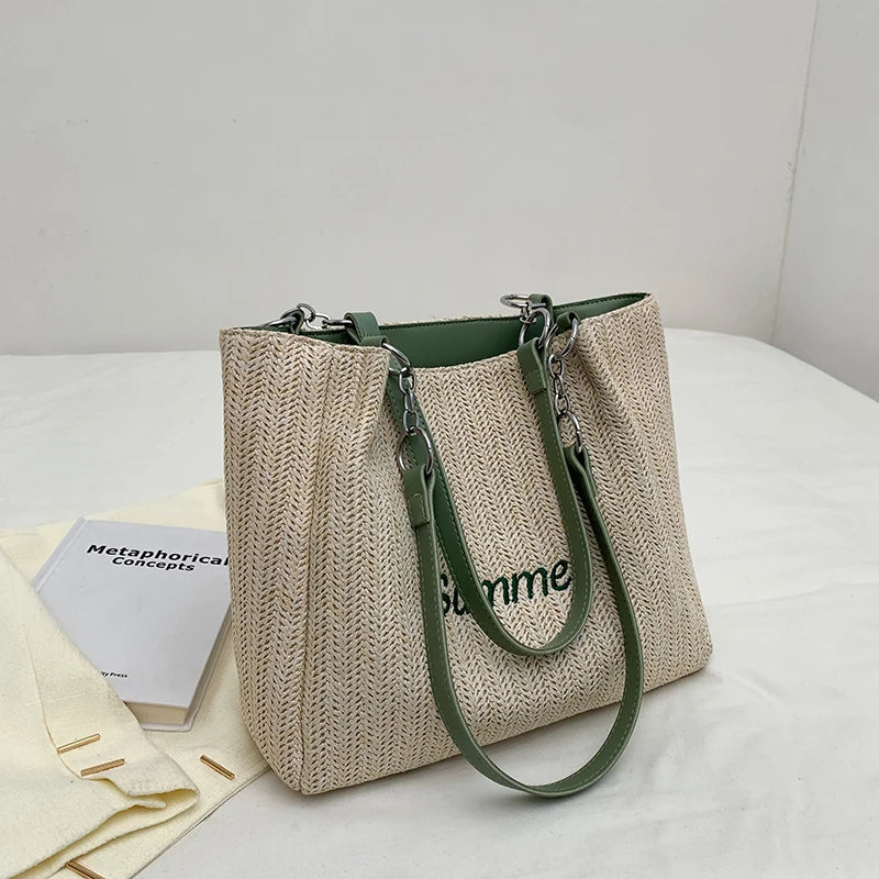 Summer Straw Shoulder Bag Women's Woven Tote Handbag Large Capacity