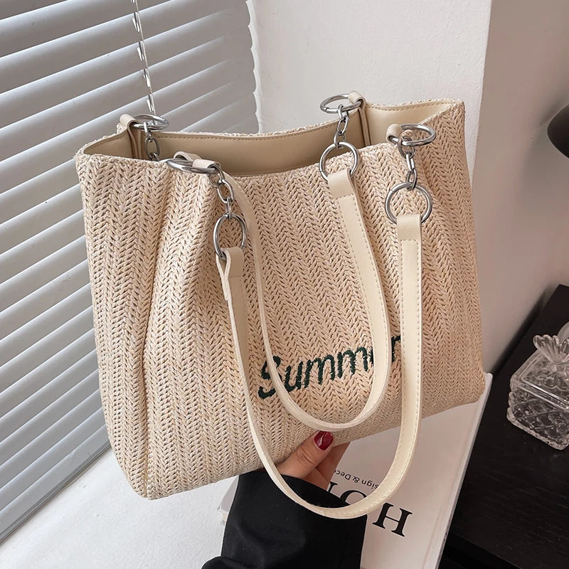 Summer Straw Shoulder Bag Women's Woven Tote Handbag Large Capacity