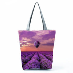 Sunflower Lavender Floral Print Handbags Purple Women Shopping Tote Bags