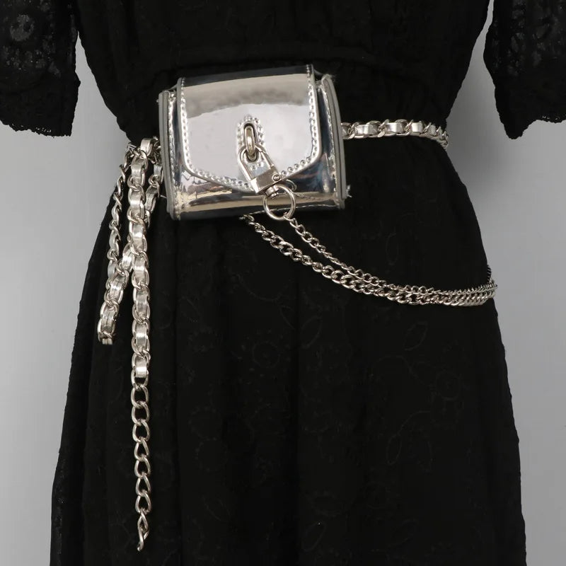Double Chain PU Leather Waist Belt With Lipstick Bag Women